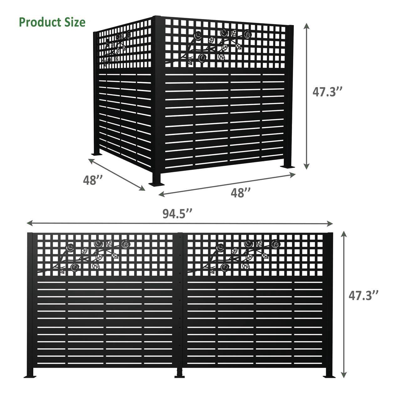 Mintazer 2 Panel Metal Privacy Screen with Rose Pattern, 48 x 47.3 inch Outdoor Air Conditioner & Trash Can Enclosure Fence, Black