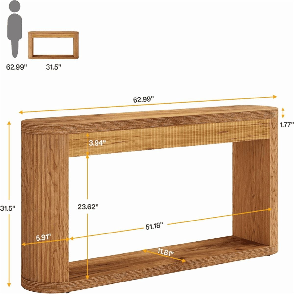 63" Industrial Console Table - Fluted Design with Semi-Cylinder Support, Narrow Entryway Table, MDF with Adjustable Pads for Hallway Sofa, Brown