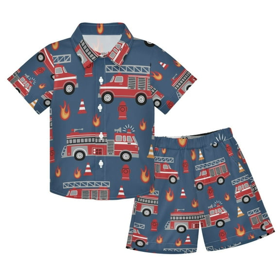 joogoo Boy Shorts Set Fire Trucks 2 Piece Short Sleeve Button Down Hawaiian Shirt Shorts 5-6T