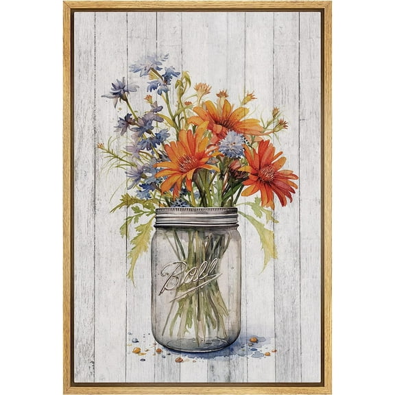 PixonSign Framed Canvas Print Wall Art Fine Art Wood Panel Mason Jar Flowers Nature Wilderness Illustrations Modern Art Botanical Floral Farmhouse/Country Relax/Calm/Cozy for Bedroom - 16"x24" Natural