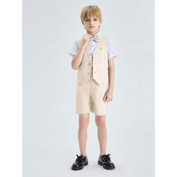 LOLANTA Boys Linen Suit 4 Piece Summer Gentleman Outfit Kids Dress Vest Shirt Shorts Set for Beach Wedding Graduation