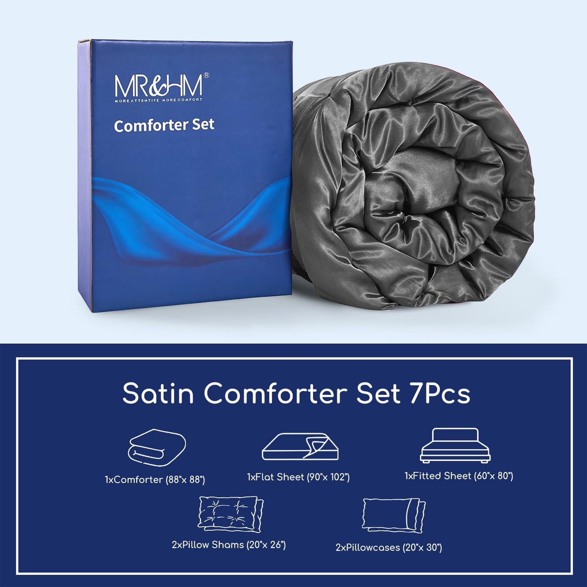 MR&HM Satin Comforter Set 7 Pieces Queen Size - Luxurious Pinch Pleat Bed in a Bag with Satin Comforter, Satin Sheets, Satin Pillowcases & Shams, Silky Soft Bedding Set for All Seasons (Dark Grey)
