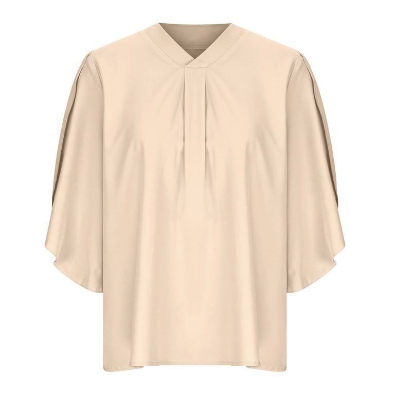 VREWARE Color Solid 2023 Shirt Commute Pullover Pleated V-Neck Chiffon  Long-Sleeved Women's Blouse Womens Solid T Shirts