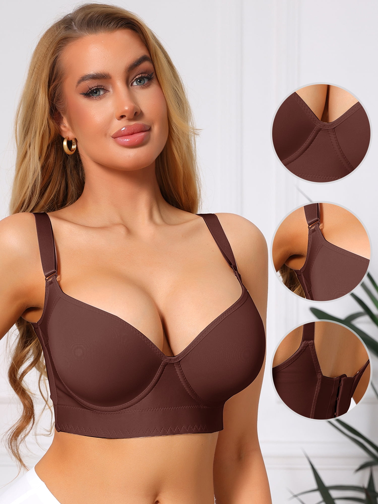 DARING DIVA Women's Plus Size Full Coverage Underwire Bra Push Up Plunge E 48 Brown