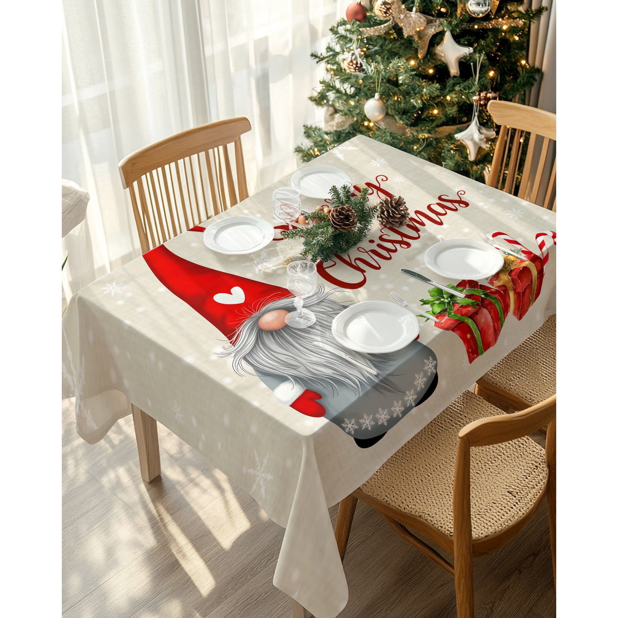 Waterproof Tablecloth Merry Christmas Words on Linen Rectangle Table Cloth 52x70in Wipeable Washable Table Cover Vintage Red Gnome Tablecloths for Dining Tables Kitchen Picnic Camping Outdoor Party