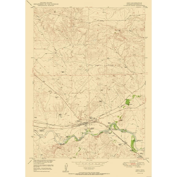 Topographical Map - Orin Wyoming Quad - USGS 1950 - 23 x 32.22 - Vintage Wall Art