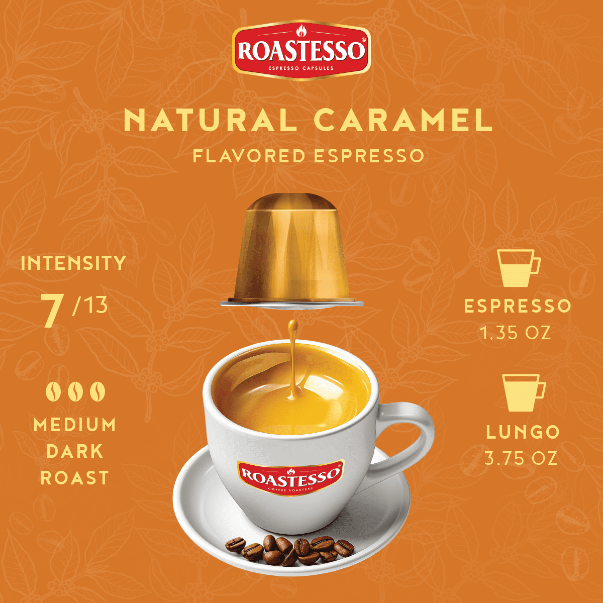 Roastesso Coffee Natural Caramel Flavored Nespresso Capsules Compatible OriginalLine Espresso Pods, Intensity 7 (40 Count)