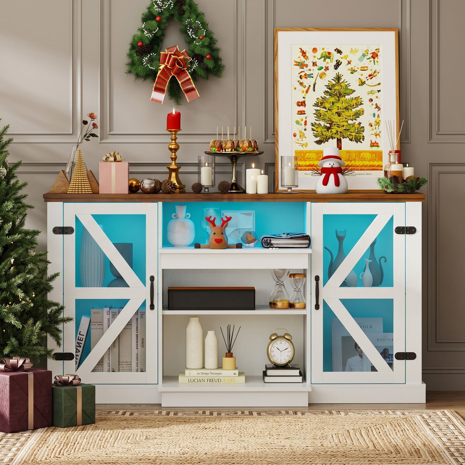 Furnibear 59 Inch LED Media Console Table, Modern TV Stand Entertainment Center with Tempered Glass Doors, 3-Level Adjustable Shelves, 22 Dynamic RGB Light, White