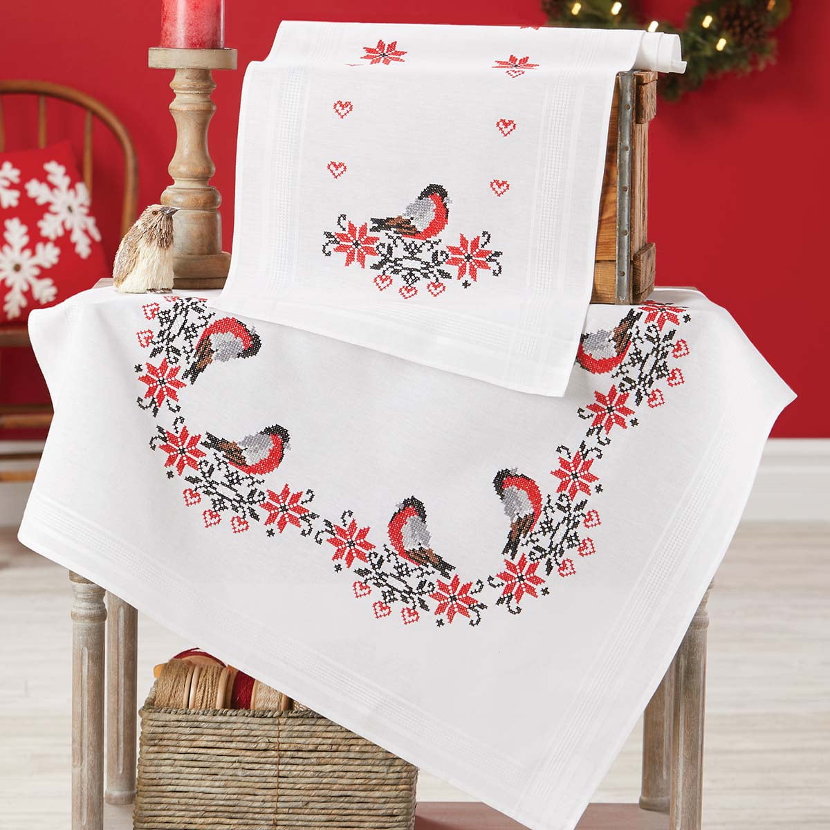 Herrschners® Bullfinches Table Topper & Runner Stamped CrossStitch Kit