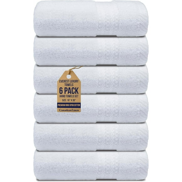 Canadian Linen Large Hand Towels, 16"x30", 6 Pack, Lightweight Quick Dry Soft Absorbent Cotton Towel Sets for Hotels, Bathrooms, Gym, Spa Salon, White
