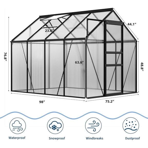 Acekid 6x8 FT Outdoor Polycarbonate Greenhouse with Aluminum Frame, Sliding Door & Adjustable Roof Vent, Black