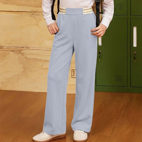Solid Color Girls Loose Straight Pants, Decorative Striped Waist Casual Wide Leg Sweatpants With Pockets, Lightweight Fabric for Holiday School Clothing Light Ashy 140
