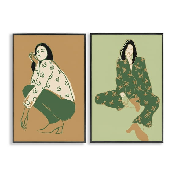 Stupell Industries Woman Stooping Sitting Pose People Painting Black Framed Art Print Wall Art, 12 x 18, Set of 2