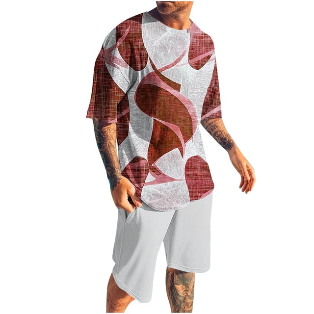 Ensemble pour Hommes : Blouse à Manches Courtes à Col Rond et Shorts à Taille Élastique, Tenue d'Été Décontractée en Polyester pour l'Extérieur, Bleu Taille P