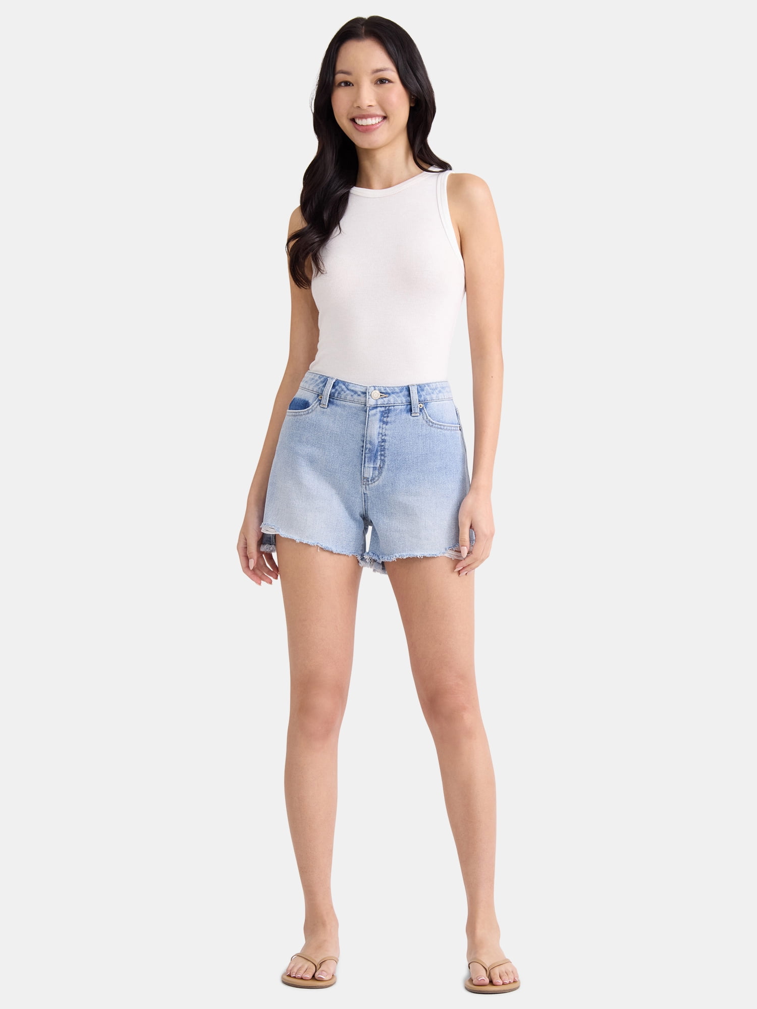 Time and Tru Women's Destructed Hem High Rise Denim Shorts, 4" Inseam, Sizes 0-20