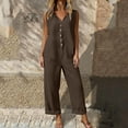 thumbnail image 4 of Women's Casual Cotton Linen Jumpsuit Solid Color Button Loose Jumpsuit Overalls V Neck Comfy Boho Wide Leg Jumpsuits with Pockets Fashion Lounge Wear, 4 of 8