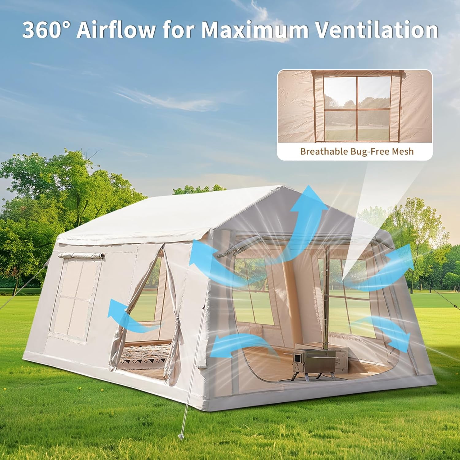 Zikebtuy 2/6/8 Person Inflatable Camping Tent, Easy Setup Blow Up Air Tent with Hand Pump, Waterproof 4-Season Glamping Tent with Large Mesh Windows & Oversized Canopy for Couples, Group & Family