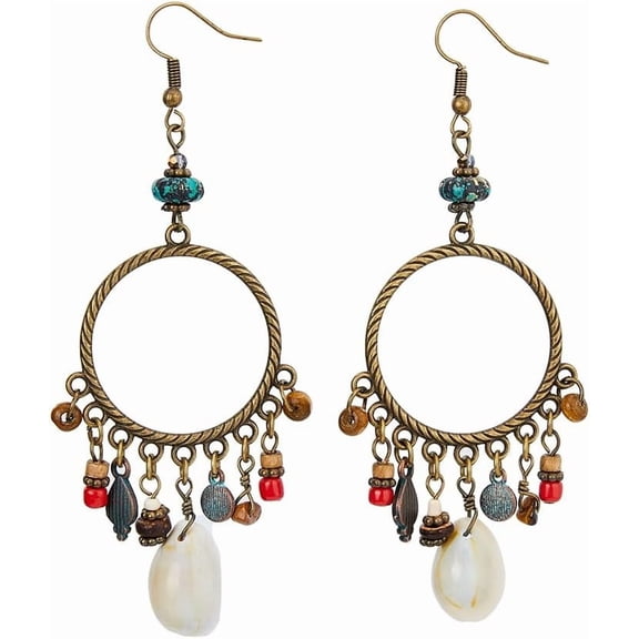 2 PCS Boho Dangle Earrings Beaded Tassel Earrings Tibetan Hoop Ear Vintage Beaded Earrings Fringe Drop Earrings Retro Ethnic Tassel Earrings Jewelry for DIY Women