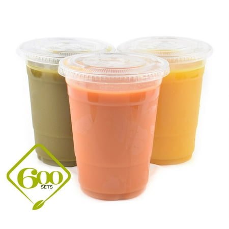 16 Ounce Plastic Lid - (600 Sets) Plastic Disposable Cups with Lids - Premium 16 oz (ounces) Crystal Clear PET for Cold Drinks Iced Coffee Tea Juices Smoothies Slushy Soda Cocktails Beer Kids Safe (16oz Cups + Flat Lids)