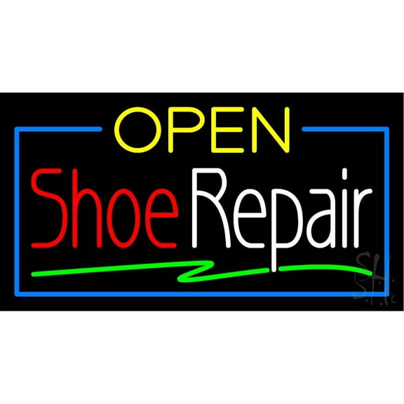 Open Shoe Repair LED Neon Sign 20 x 37 - inches, Black Square Cut Acrylic Backing, with Dimmer - Bright and Premium built indoor LED Neon Sign for store interior Décor, Storefront.