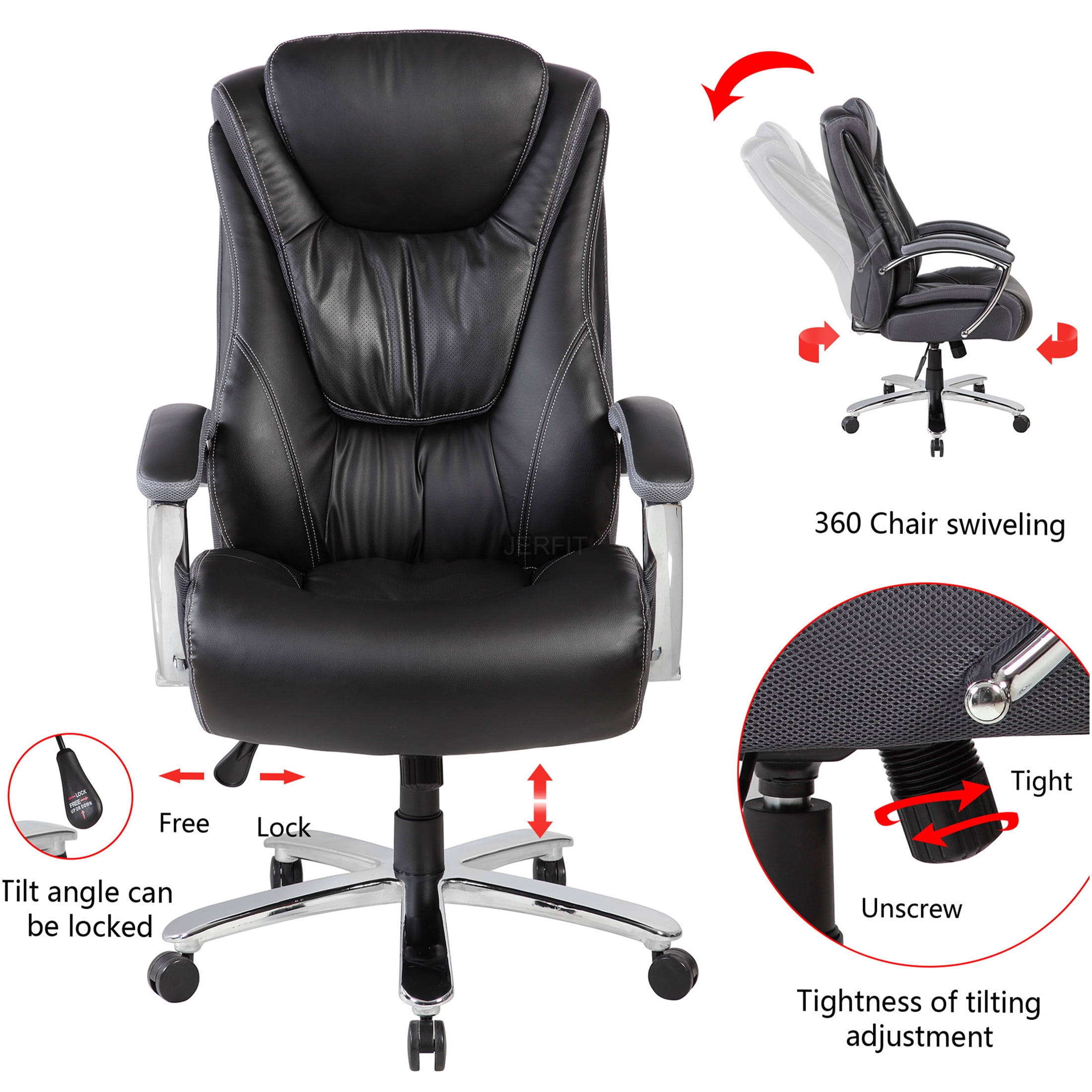 JERFIT Ergonomic Office Chair with Lumbar Support, High Back PU Leather Executive Desk Chair, Adjustable Flip Arms & Tilt for Home Office, Black