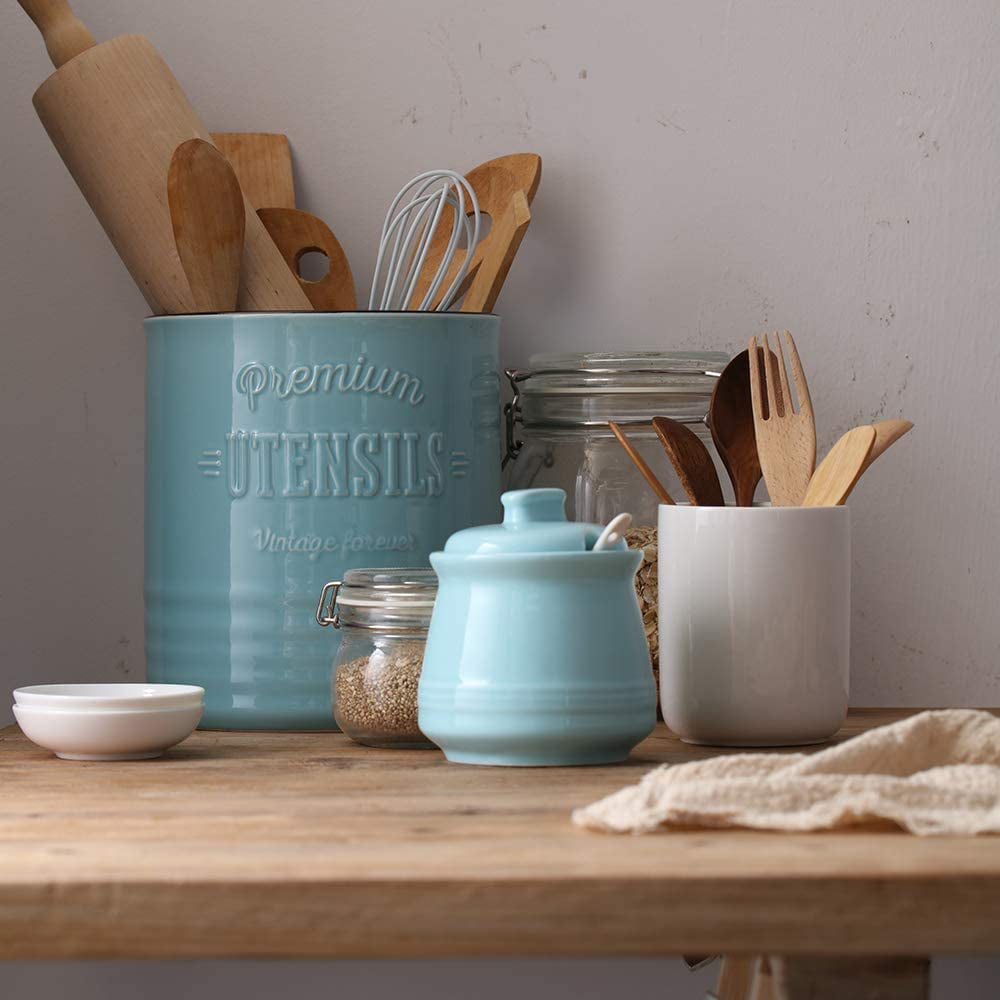 getstar Small Kitchen Utensil Holder for Kitchen Counter (H5.6” x W5.2”),  Ceramic Cooking Utensil Holder with Cork Mat, Kitchen Decor for Counter