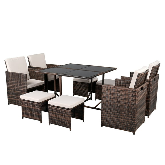 9 Piece Sectional Wicker Bistro Set, Elegance Modular Wicker Dining Furniture with 4 Ottomans, Removable Cushions & Solid Wood Table, Dining Table Conversation Set for Porch, Backyard, 330lbs, S8120