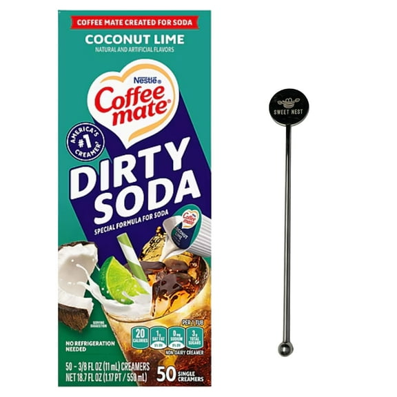 Coffee Mate Coconut Lime Dirty Soda Liquid Creamer Singles, 50 Ct with Sweet Nest Stirrer - Flavored Creamer for Iced & Dirty Sodas, Coffee, and Tea