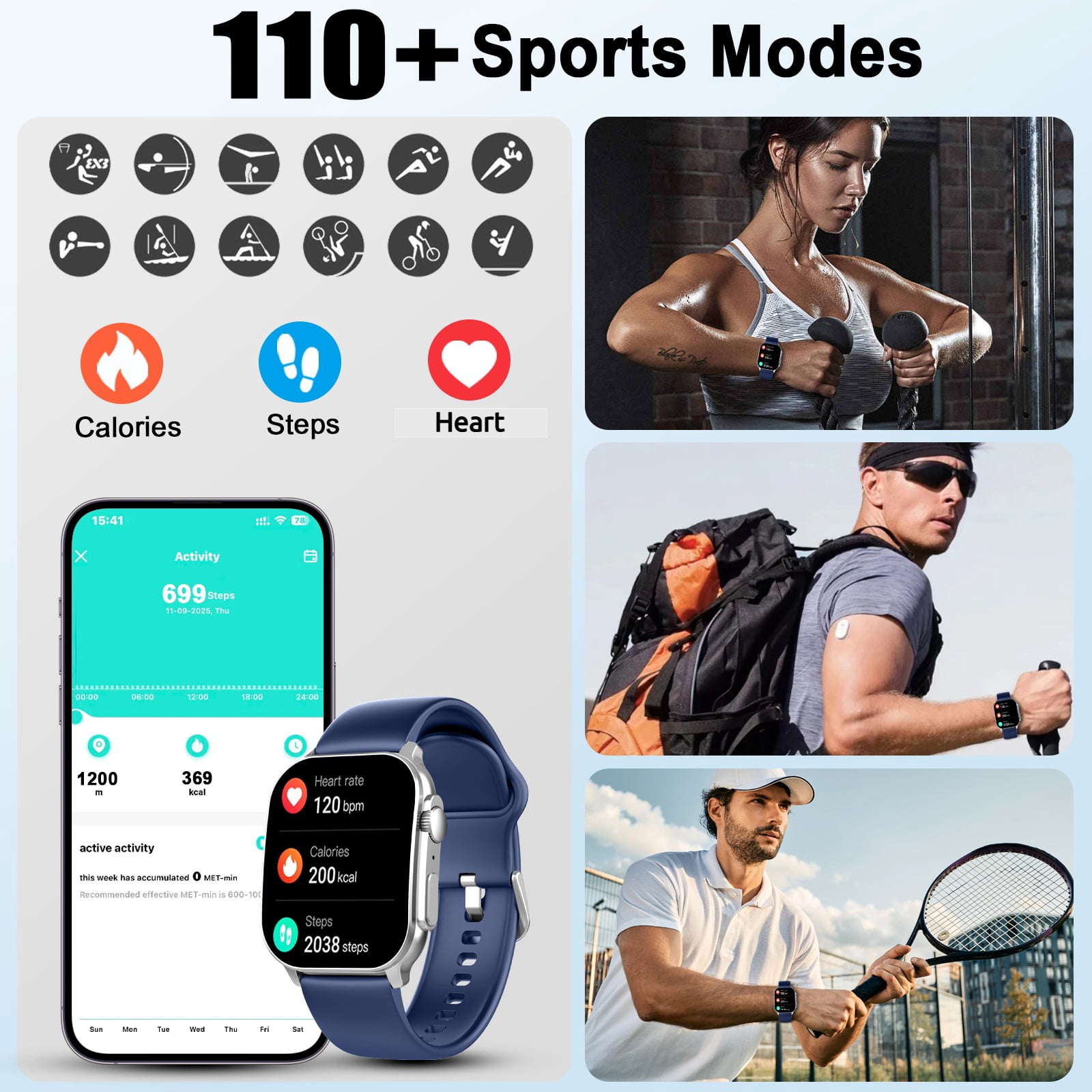 Smart Watch Fits for Android and iPhone, 2.01" AMOLED Screen, Bluetooth Calls/Answer, Fitness Tracker, 110+ Sport Modes, Smart Watch for Men Women, IP68 Waterproof Smartwatch, Gifts for Dad