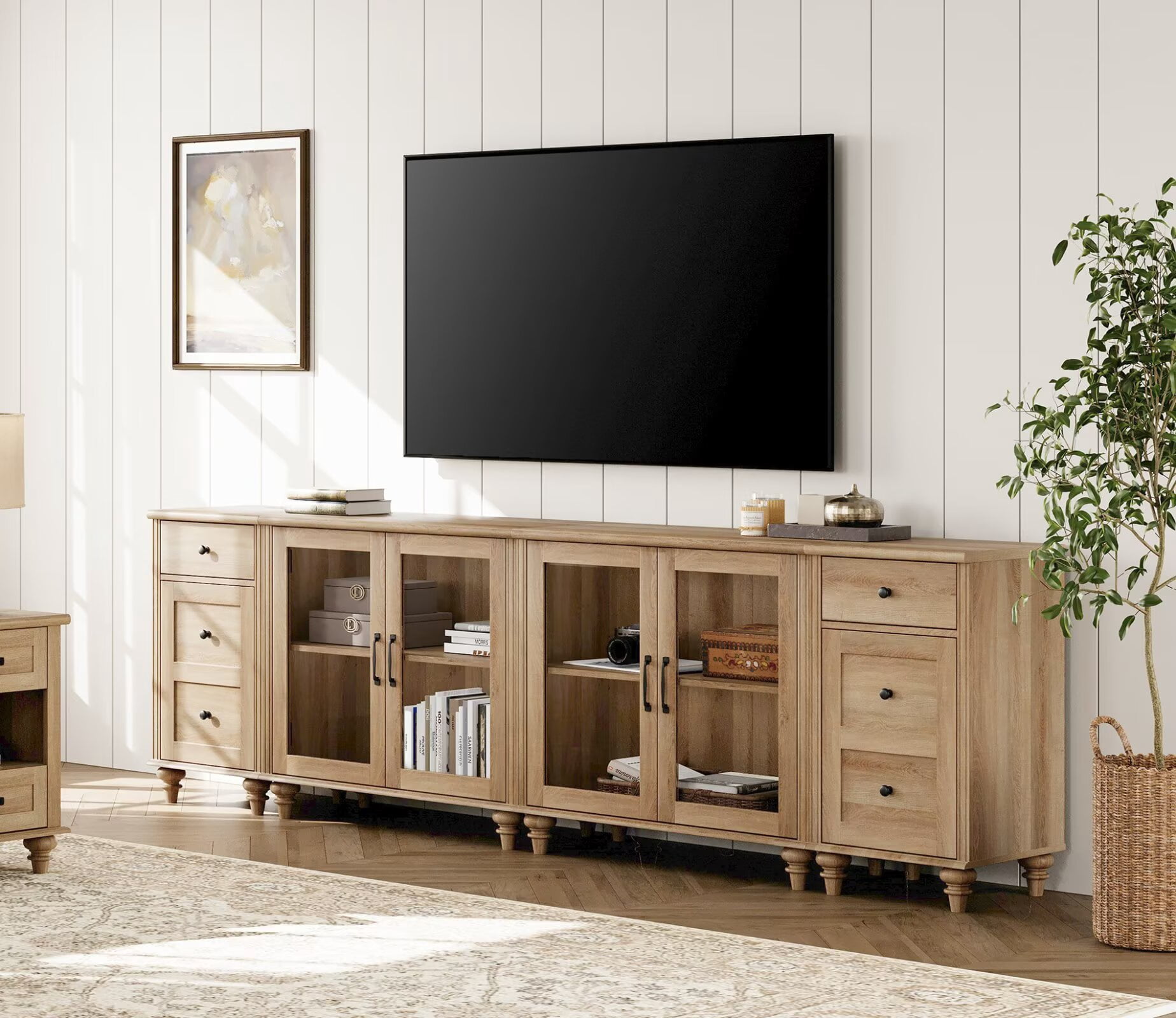 Large TV Stand for 100-Inch TV, TV Console Table for 85/90/95-Inch TVs, Entertainment Center with Charging Station & Glass Door, Oak Kitchen Sideboard Buffet Cabinet for Dining Room