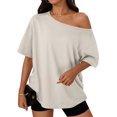 thumbnail image 2 of Womens Off The Shoulder Tops Oversized T-Shirts Short Sleeve Tees Summer 2026 Casual Spring Fashion Clothes Beige XL, 2 of 6