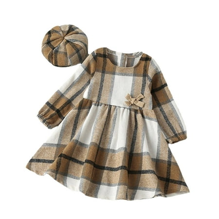 

Cathalem Dress Kids Long Sleeve Shirt Baby Girl Clothes Toddler Girl Plaid Dress Long Sleeve Casual Dresses Hat (Khaki 12-18 Months)