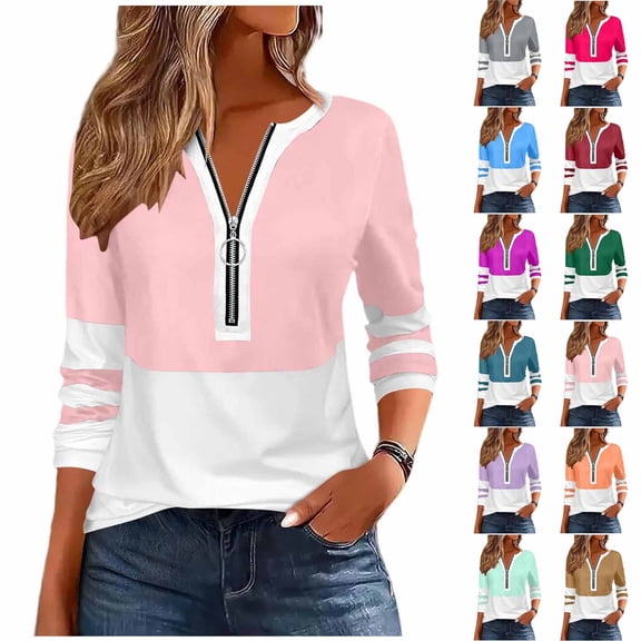 Oiangi Half Zip Shirts Women Patchwork Long Sleeve Pullover Top Loose Fit Comfy Blouses for Fall Winter White L