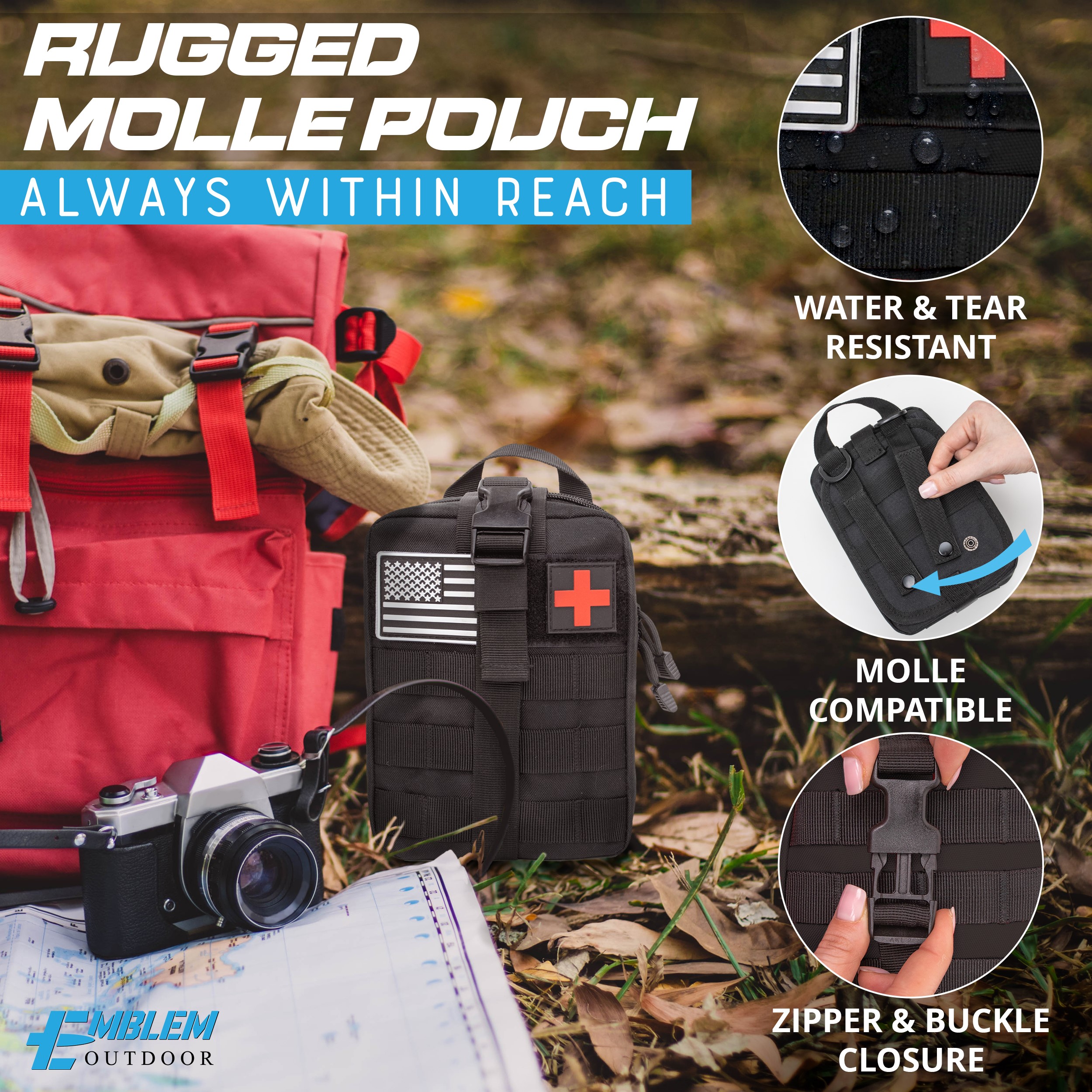 Emblem OD 242 Piece Survival First Aid Kit with Tourniquet | MOLLE Pouch with Paracord | Camping Hunting Hiking and Emergency Preparation | Survival Gear | Car First Aid Kit | Black