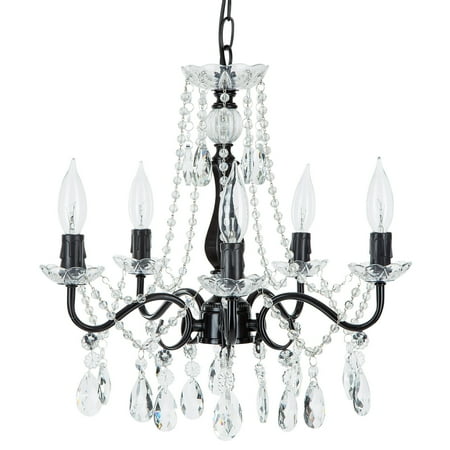Arm Chandelier Amalfi Décor 5 Light Swoop Arm Crystal Plug-In Chandelier (Black) | Wrought Iron Frame with Glass Crystals ()