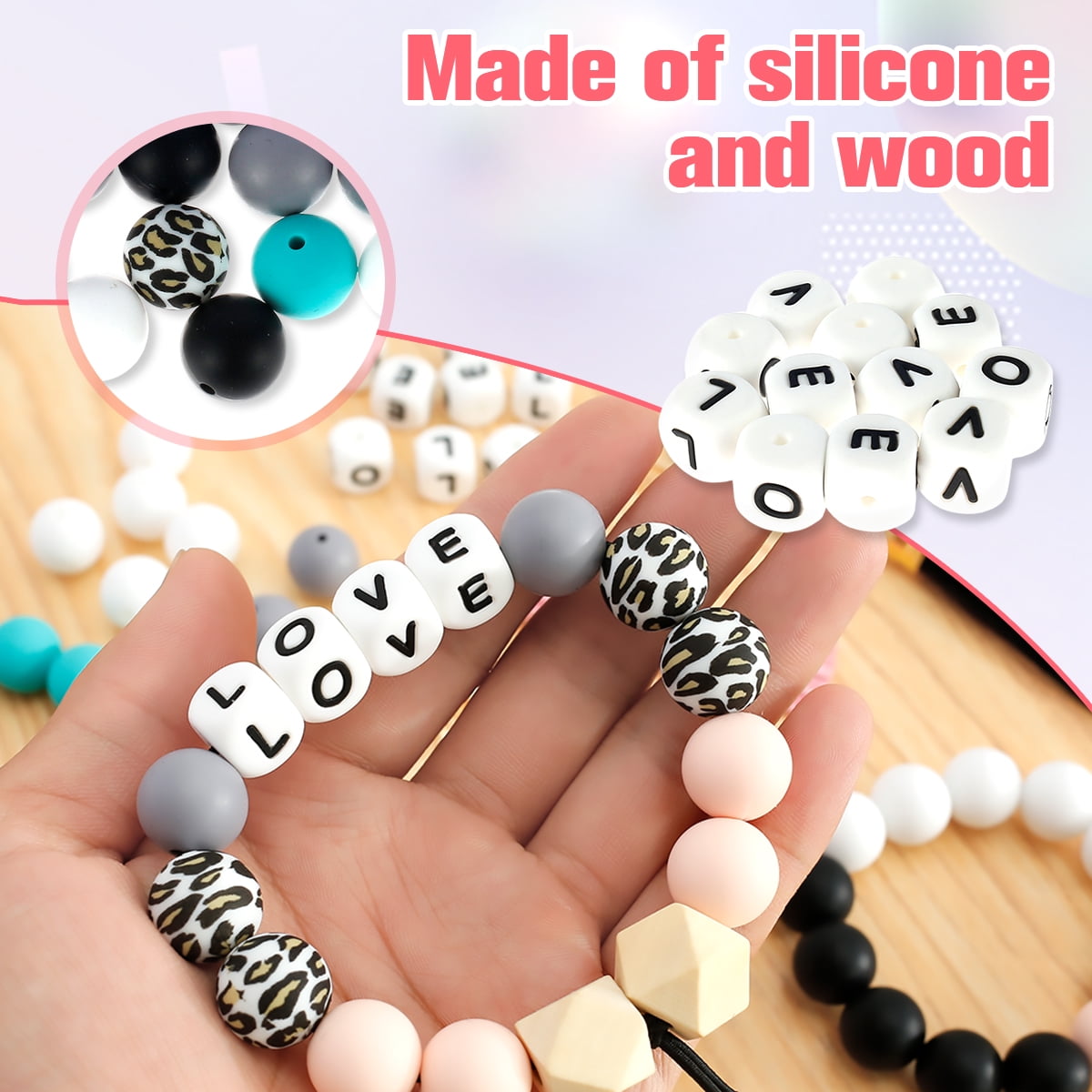 SHUANGART 84 Pcs Silicone Beads Making kit for Bracelet Car Keychain, Round  Polygonal Elastic Key Ring Beaded Tassel Wrislet DIY Set for Women Girls…