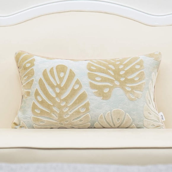 Funda de almohada Alerfa con bordado de hojas de terciopelo cortado, 30 x 50 cm, color beige