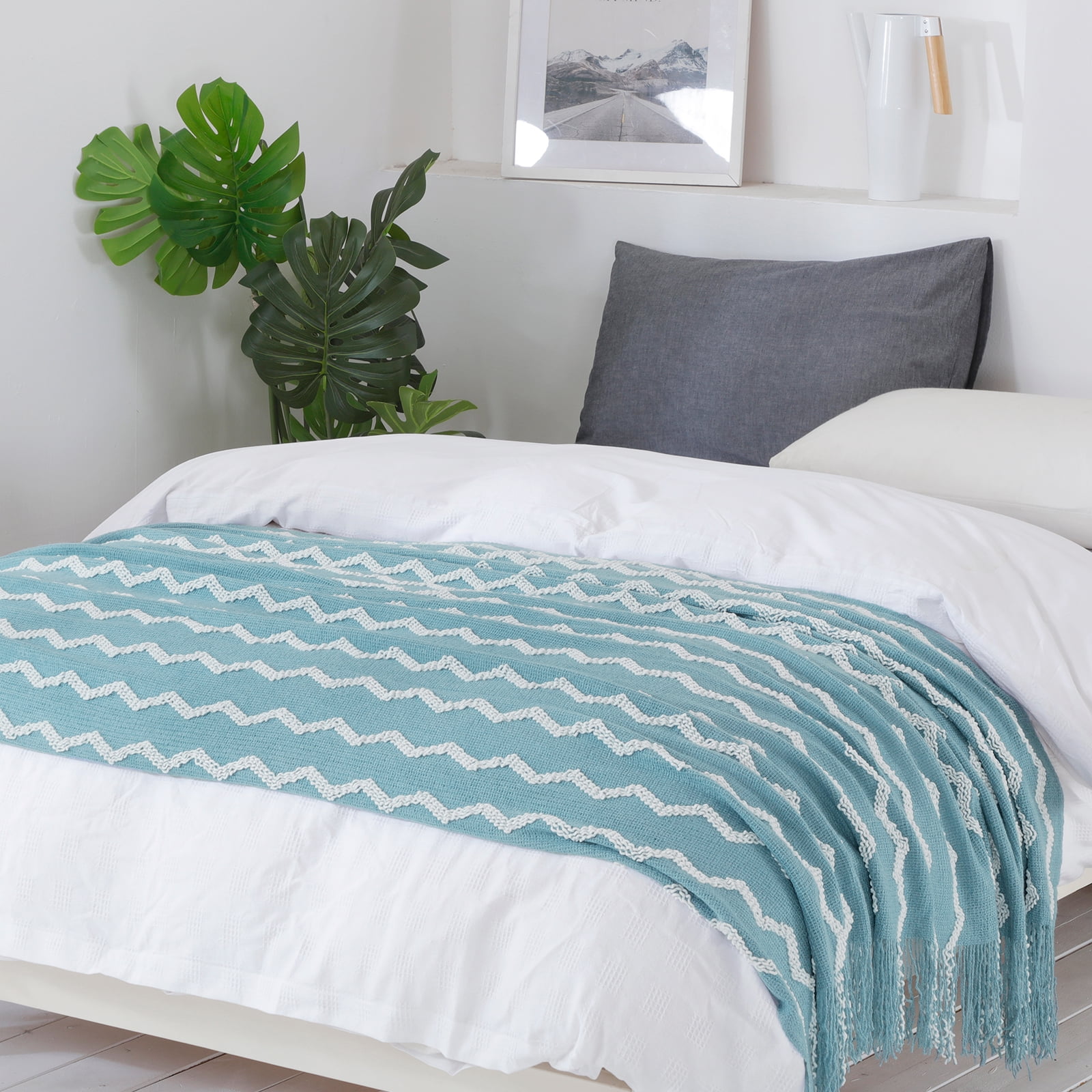 Bourina Fluffy Chenille Knitted Throw Blanket 50" x 60"—Soft and Cozy for Sofa, Chair, Blue, Adult