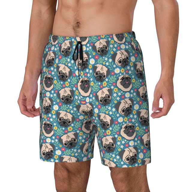 Balery PUG HEAD And Flower Bañador para hombre, shorts de playa de secado rápido con entrepierna y forro de compresión-X-Large