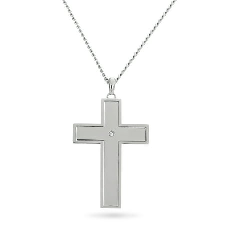 White Cubic Zirconia Stainless Steel Reversible Lord's Prayer Cross Pendant, 24"