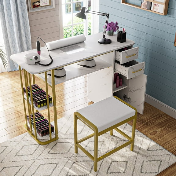 Advwin Manicure Table Set with Stool & Dust Collector, Nail Table Station Nail Desk for Nail Tech Nail Art, Beauty Salon Station with Wrist Cushion, Drawers, Shelves, Storage Cabinet, Chair