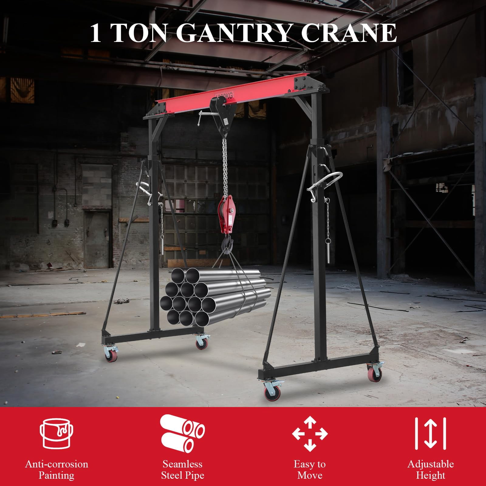 Adjustable Gantry Crane, 2200LBS Capacity Shop Lift Hoist Rated, Portable Design with 360°Locking Wheels,Gantry Crane Adjustable Height from 96.5" to 143.7" fit for Workshop,Garage,Factory