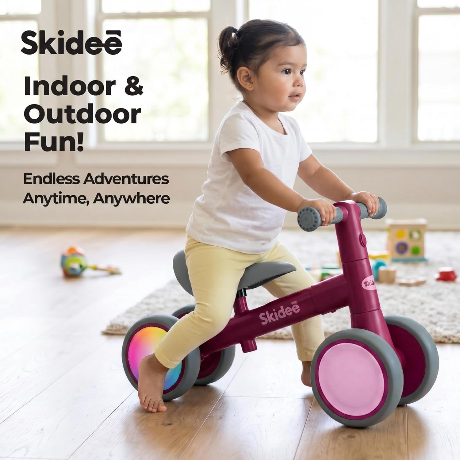 Skidee Toddler Balance Bike 1-3, 4-Wheel Balance Bike with Rare Light-Motion-Activated LED Wheels, Adjustable Height & Child Safe Steering, Lightweight Ride-On Toy Training Bike for Boys & Girls