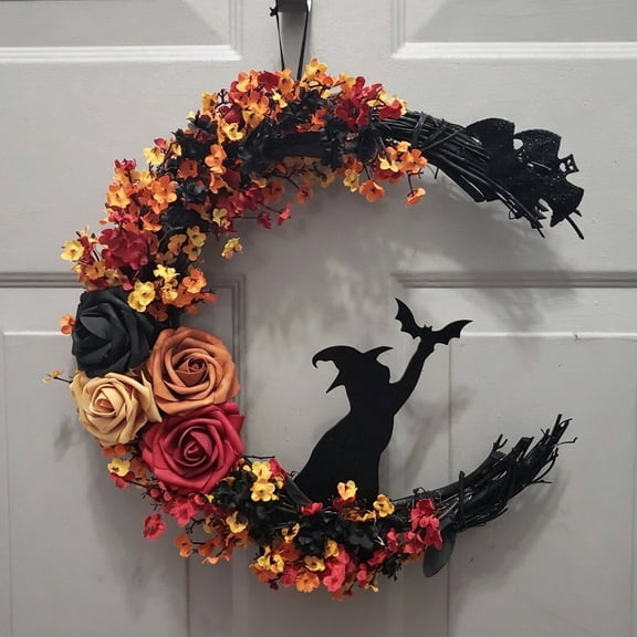 Halloween Witch Wreath, 16.5 in Black and Orange Crescent Wreath with Artificial Flowers and Bat Accents, Gothic Front Door Decor