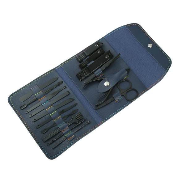 Vocoste 16 Pcs Manicure Set with Blue PU Leather Case, Stainless Steel Pedicure Set, Nail Clippers Scissors Black