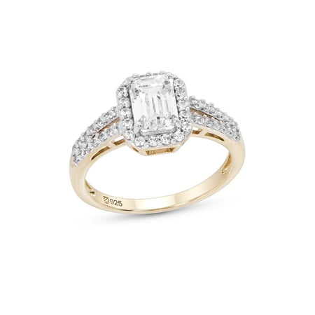 Sterling Silver 14K Gold Plated Halo Emerald Cut Cubic Zirconia Engagement (Best Emerald Cut Engagement Rings)