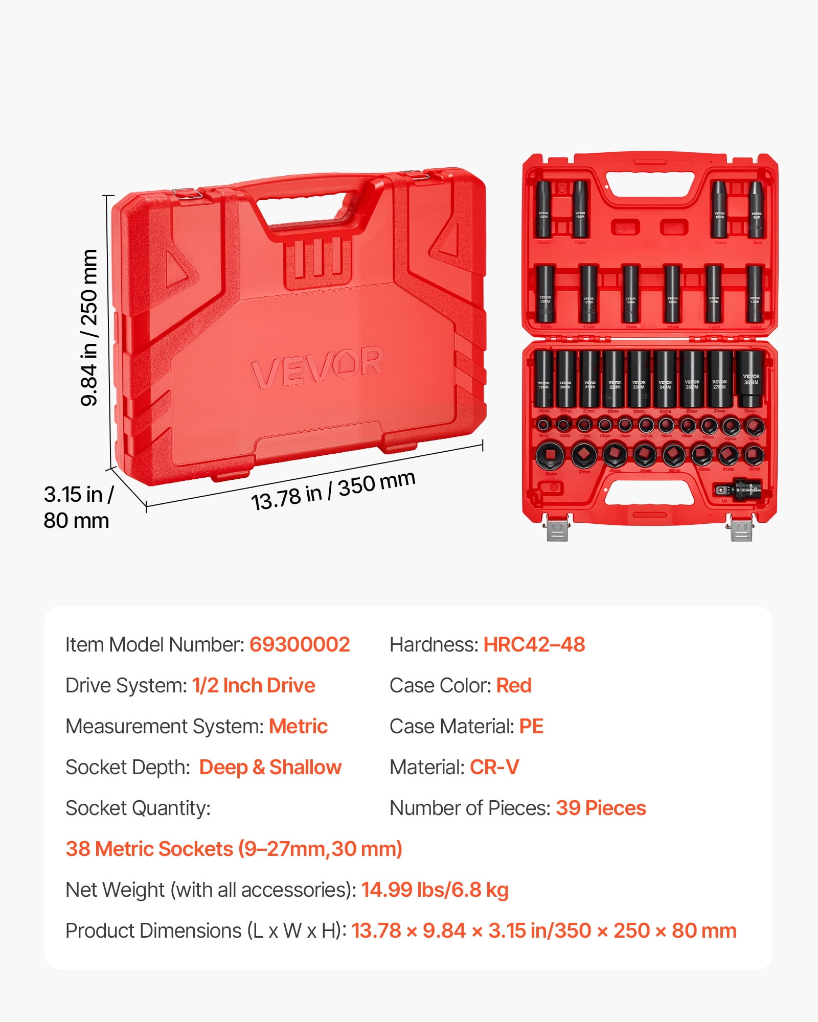 VEVOR 1/2 in Drive Impact Socket Set, 39 Piece, 6 Point Deep & Shallow Impact Sockets, Metric 9 to 30 mm, Cr-V Steel High Durability, with Universal Joint, Dual Size Markings,Heavy Duty Carrying Case