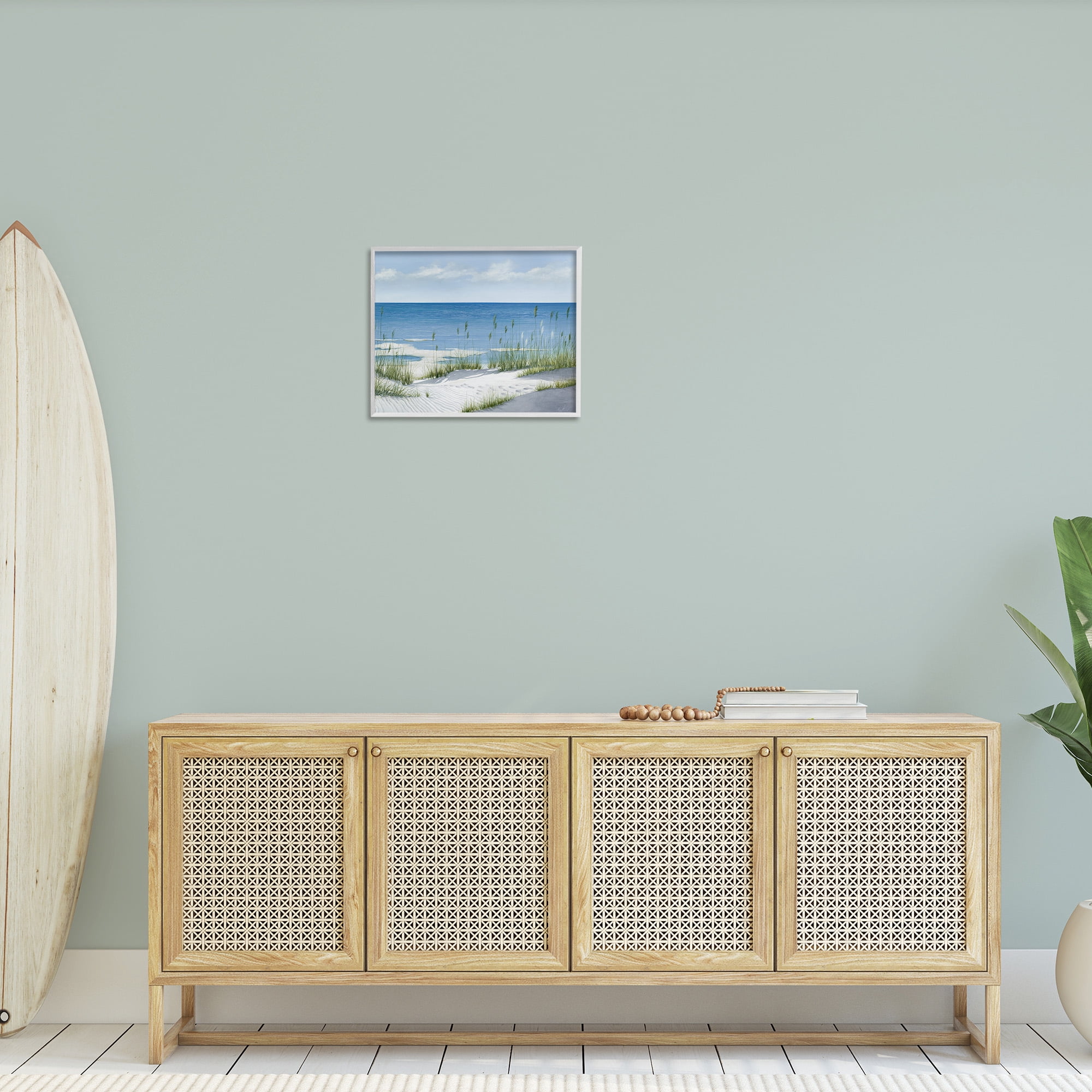 Stupell Industries Beach with White Sand Landscape Painting White Framed Art Print Wall Art, 20 x 16