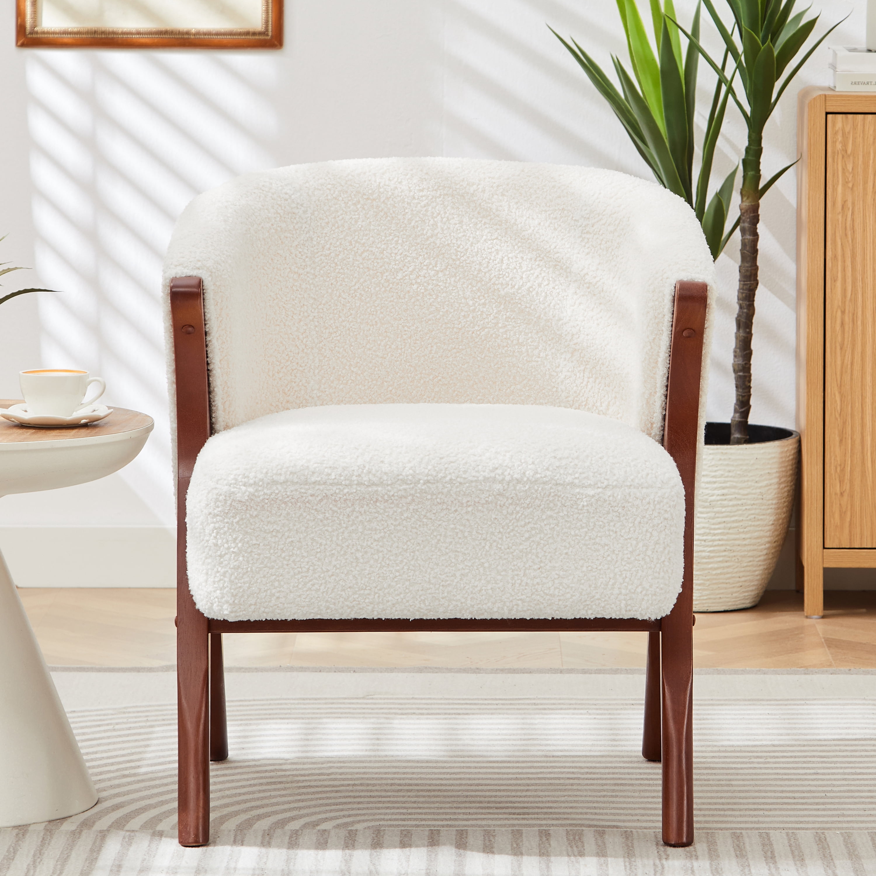 Euroco Modern Accent Chair,Upholstered Armchair with Solid Wood Frame,Boucle Fabric Reading Chair Leisure Chair for Living Room, Bedroom,Beige