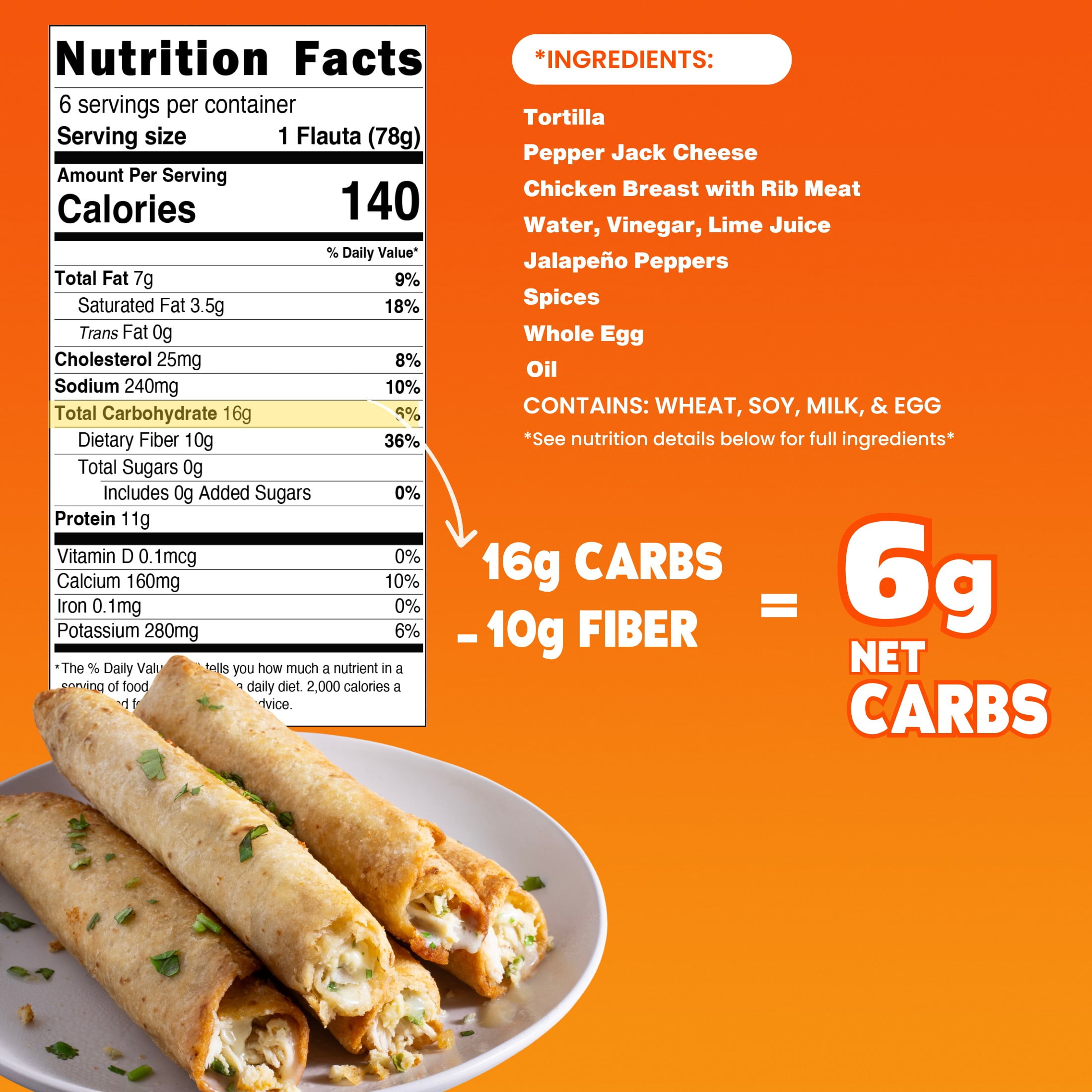 Realgood Foods Co. Chicken & Cheese Flautas, 6 Count, 16.5 oz (Refrigerated)